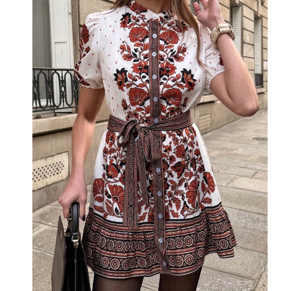 Dresses & Skirts - Boho Floral Print Button Down Puff Sleeve Belted Mini Dress